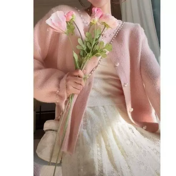 甜美减龄重工钉珠针织衫外套圆领别致珍珠扣子小香风chic外穿毛衣