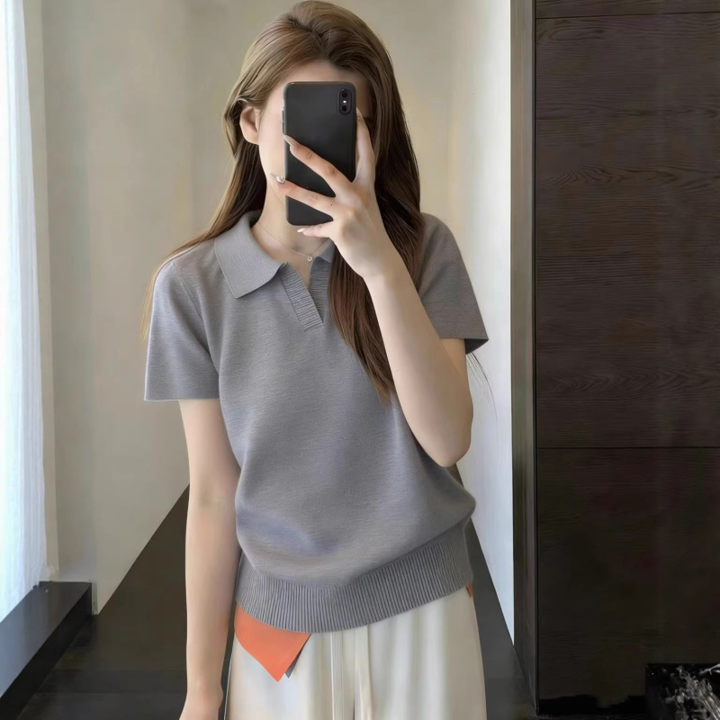 Gray Polo Collar Short-Sleeve T-Shirt for Women, Summer Korean Style, Petite Loose Fit, Slimming Short Knit Top