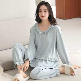 春秋新款棉拉架女长袖长裤套头睡衣公主风甜美休闲女家居服图片色