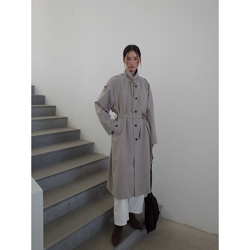Mmc Dition Women's Trench Coat, New Autumn Design, Stand Collar, Korean Style, Loose Fit, Waist-Cinching, Elegant Mid-Length Coat