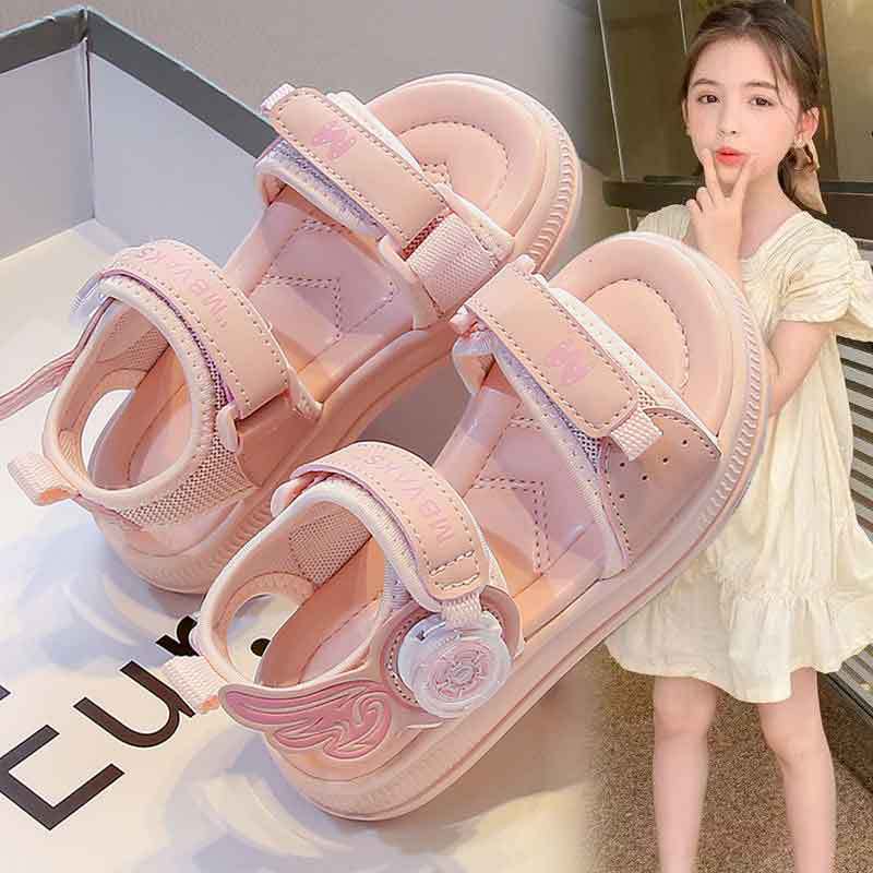 Sandalias para niñas 2025 verano nuevos zapatos de playa con botones giratorios para niños sandalias de suela suave zapatos de princesa de punta abierta de moda