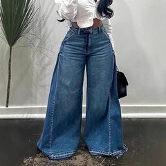 跨境2025新款春夏欧美风女复古宽松阔腿牛仔裤拼接喇叭裤流苏长裤