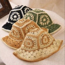 日系跨境镂空草编五朵花草纸春夏手工渔夫帽选品多色钩织镂空帽