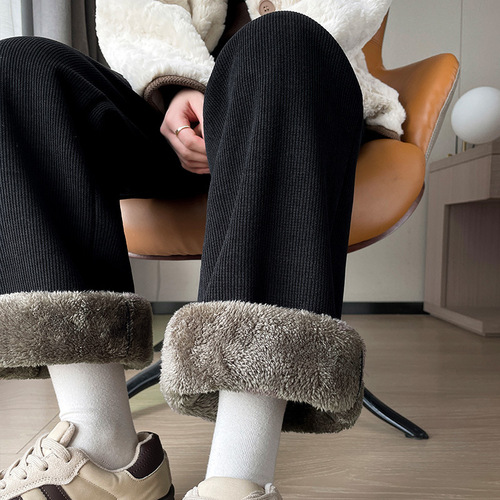 Lamb Wool Wide Leg Pants for Women - Autumn/Winter Snag Wool Women's Pants - Padded and Thickened Warm Cotton Pants - Corduroy Straight Leg Pants