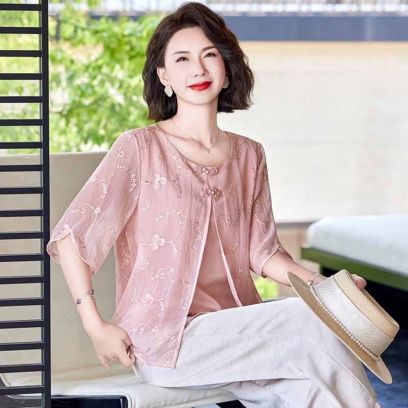 День матери мама летняя рубашка с короткими рукавами и вышивкой 2025 новый средний и пожилой женский летний национальный топ из двух частей