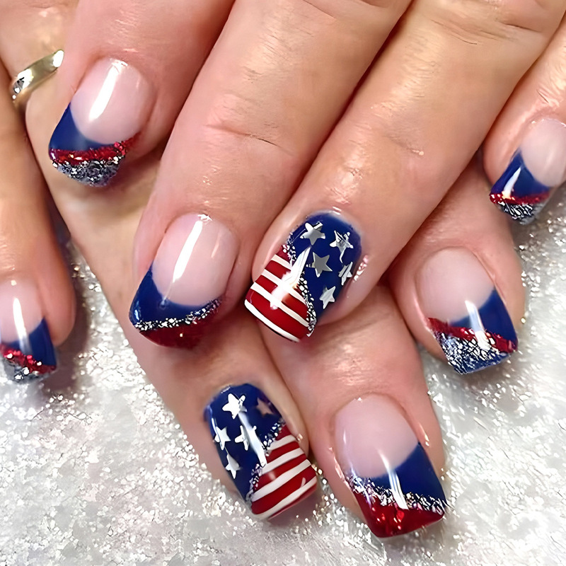 Medium-Sized Glossy French Independence Day Fake Nails with Red and White Stripes, Silver Glitter, European and American Style Wearable Nails, 24-Piece Set Medium-Sized Glossy French Independence Day Fake Nails with Red and White Stripes, Silver Glitter, European and American Style Wearable Nails, 24-Piece Set