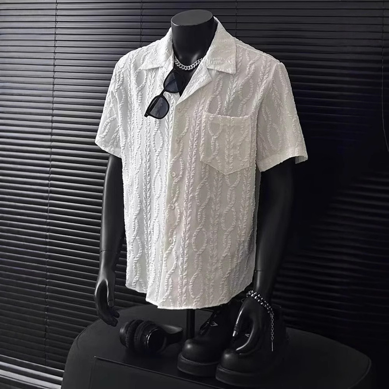 White Cuban Collar Short-Sleeved Shirt Men's Summer High-End Handsome Jacquard Texture T-Shirt Cardigan Five-Quarter Sleeves