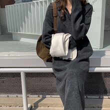 学院风翻领打底裙秋冬配大衣长款过膝慵懒风宽松厚毛衣裙