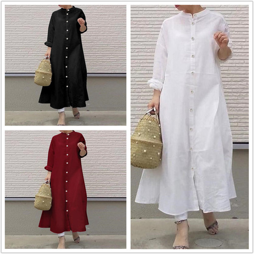 New style of literary style, solid color, simple casual vacation stand collar cardigan, long-sleeved shirt dress