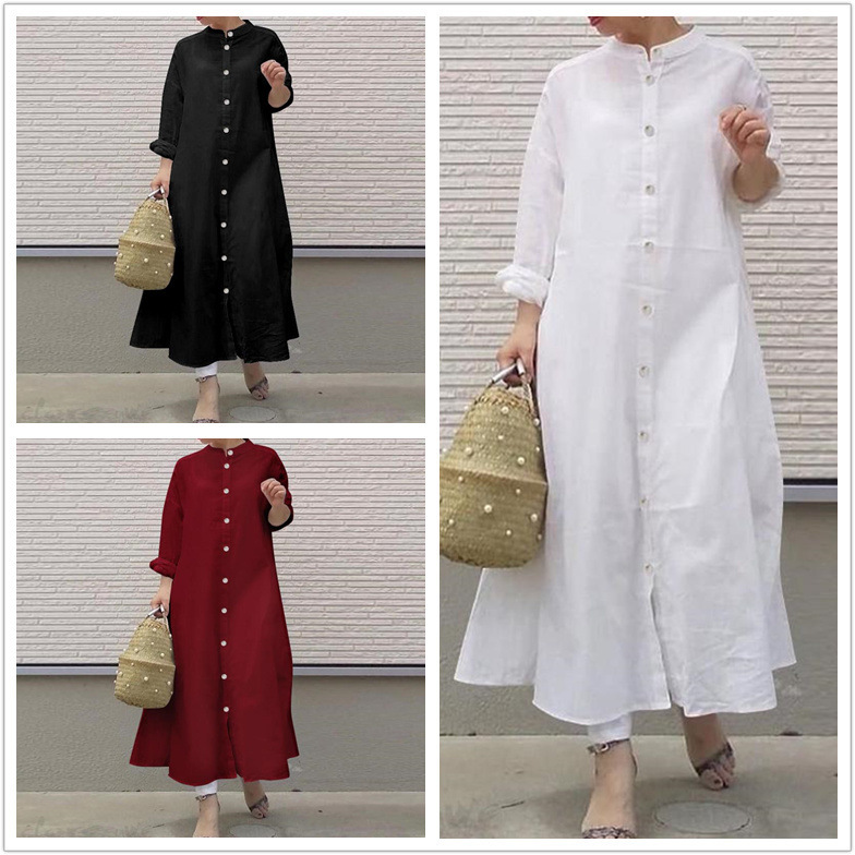2023 Spring and Autumn new artistic style elegant solid color simple leisure holiday stand collar cardigan long sleeve shirt dress