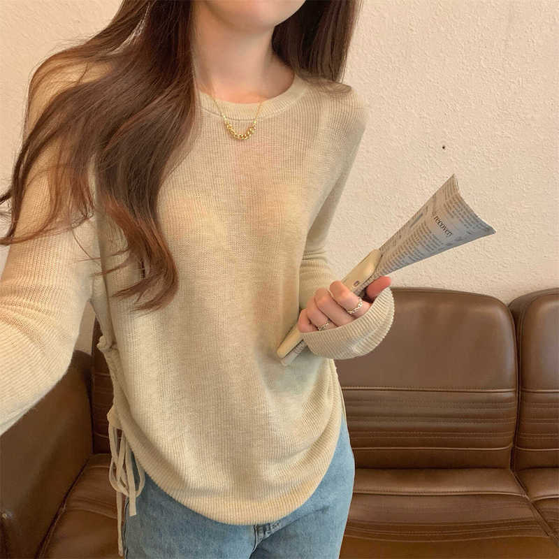 秋季2025新款气质宽松圆领抽绳百搭慵懒针织打底衫长袖上衣女毛衣|undefined
