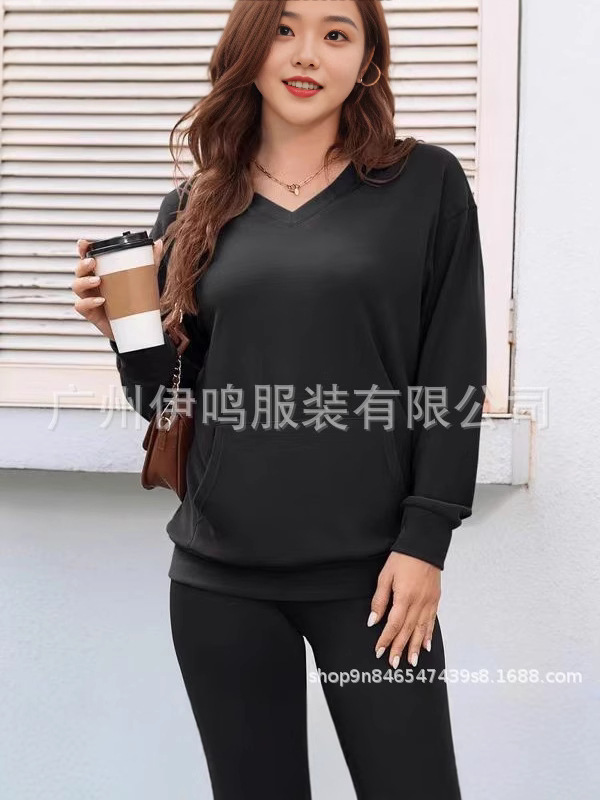 纯色V领宽松卫衣女秋冬新款长袖上衣大码休闲外套|undefined