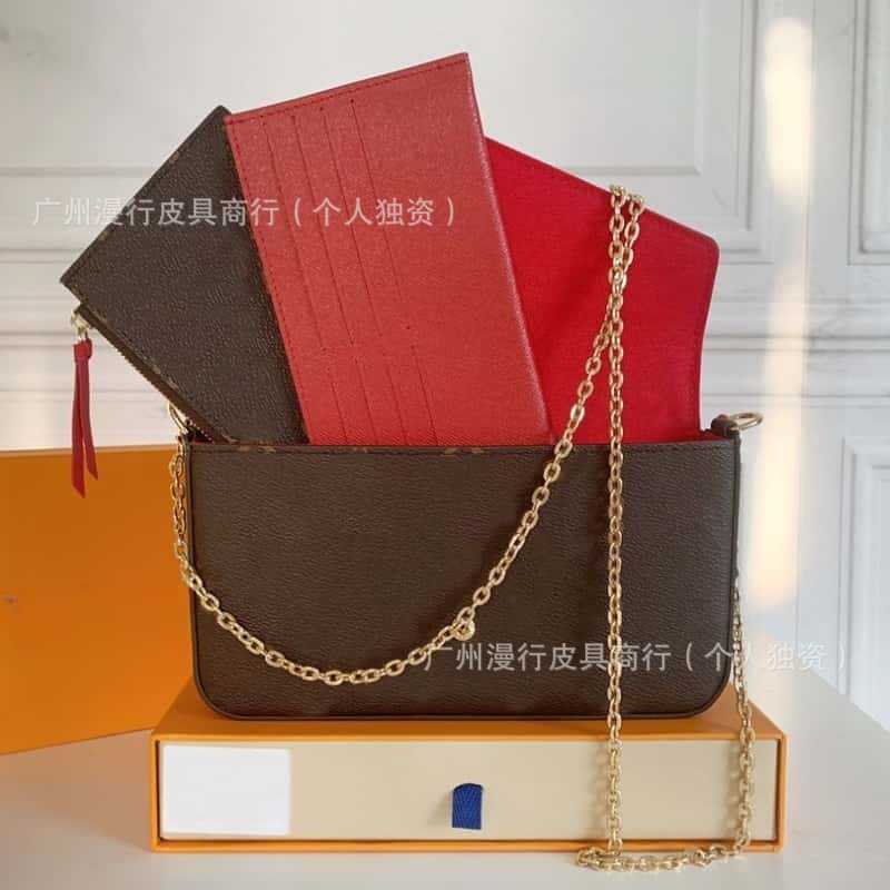 批发爆款woc 啡格信封包经典老花三件套真皮链条式单肩斜跨女包包