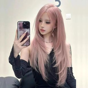 Wig Female Full Headgear Layered Pink Long Straight Hair Lolita Lolita Cos Universal Medium Parted High Level Jk
