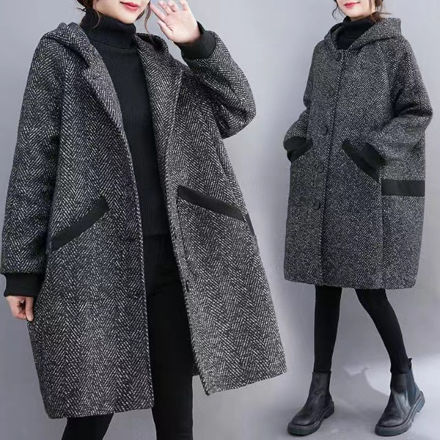 跨境大码女装胖妹妹冬韩版宽松茧型连帽大衣女中长款加绒加厚外套