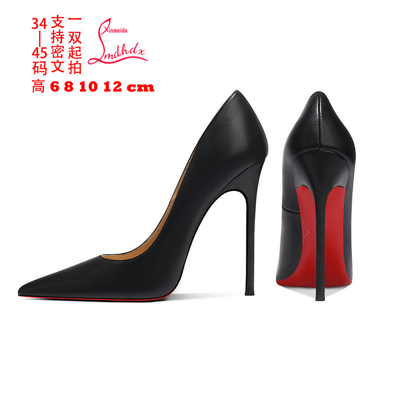 12cm Patent Leather Glossy Black Red-Soled High Heels Pointed Toe Stiletto Heels 2025 Summer New Style Elegant and Sexy Large Size Shoes