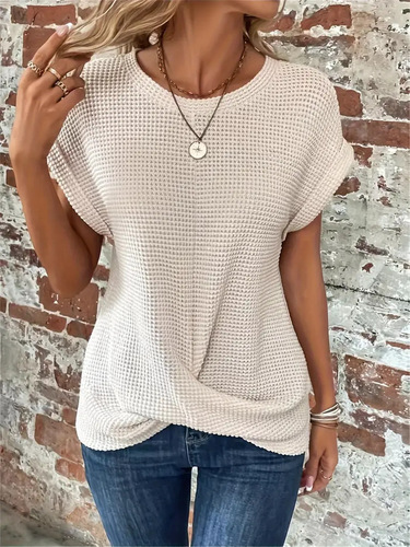 2025 New Solid Color Round Neck T-Shirt Elegant Short Swing Hem Top Spring Women's Amazon Cross-border Best Seller