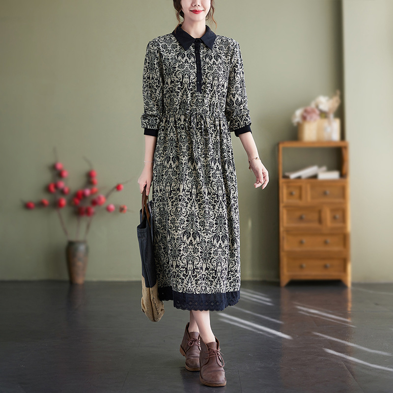Real shot 2026: Artistic printed dress, autumn cotton-linen material, long-length base dress, loose-fitting long-sleeve shirt dress Real shot 2026: Artistic printed dress, autumn cotton-linen material, long-length base dress, loose-fitting long-sleeve shirt dress