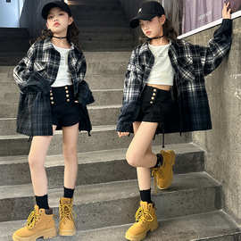 女童春季渐变格子衬衫2025新款中大儿童洋气休闲夹克风衣外套春秋