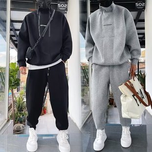 Spring and Autumn New Hong Kong Style Fashion Half-open Double Zipper Design Casual Loosen plus size Sports Sweatshirt suit Men's Fashion