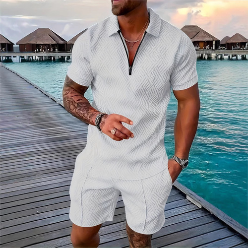 2024 Cross-border European and American Men's Clothing New Independent Store Supply Leisure Polo Zip-up Collar Short-Sleeve Solid Color Set