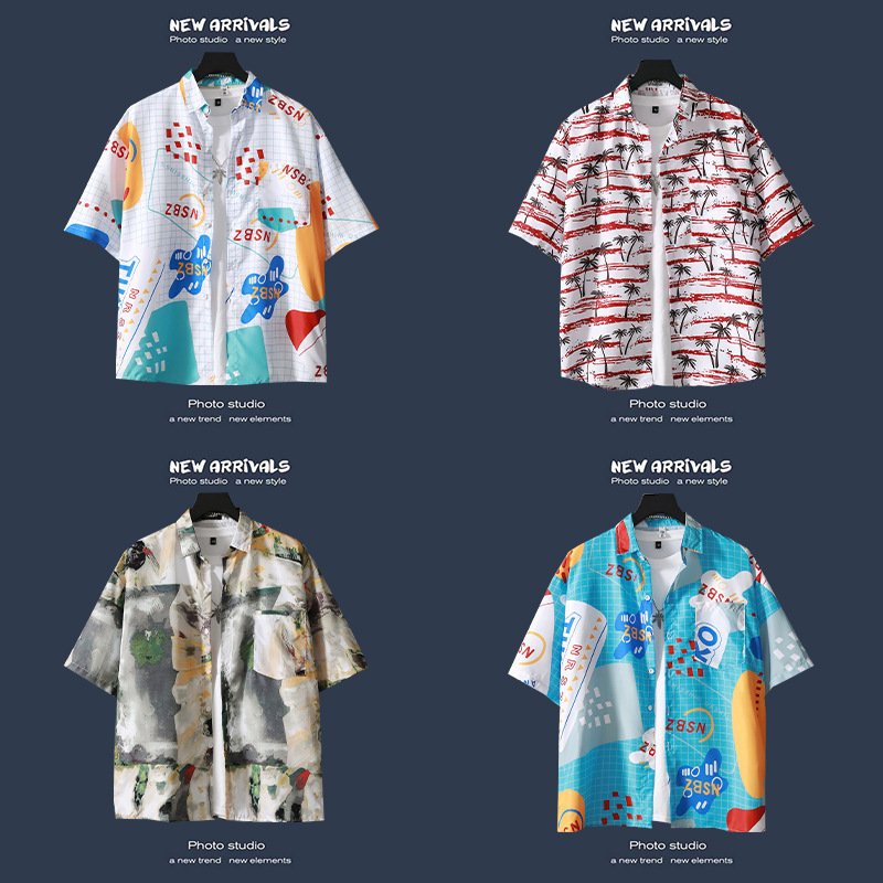 Ice Silk Shirt Men's Short-sleeved Summer Thin Hawaiian Beach Shirt Trendy Loose Printed Coat