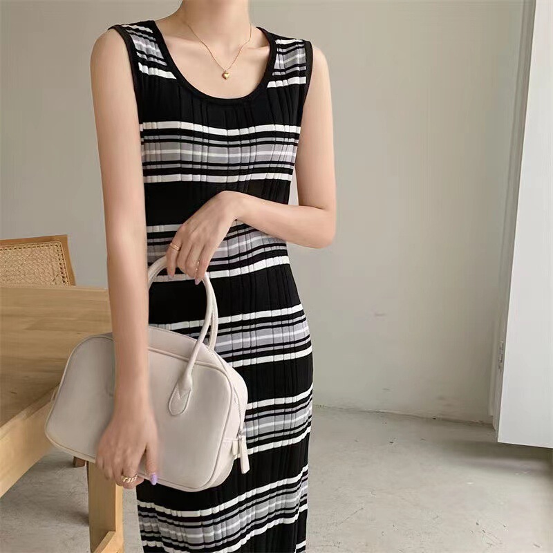 Round Neck Sleeveless Vest Dress for Women Summer Casual Stripesd Contrasting Design Dress Ins Sweet Mid-Length Skirt for Women Round Neck Sleeveless Vest Dress for Women Summer Casual Stripesd Contrasting Design Dress Ins Sweet Mid-Length Skirt for Women