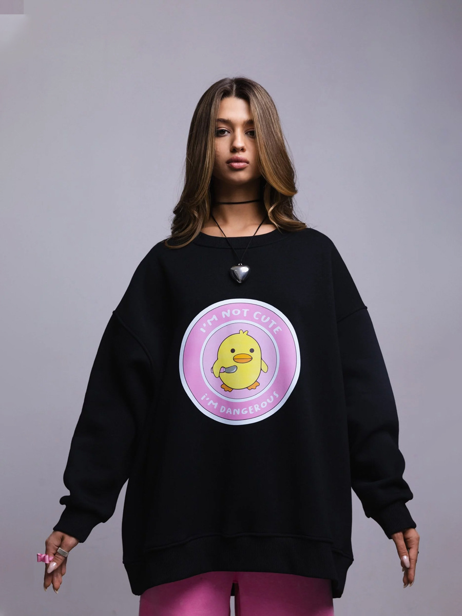 Transfronterizos cuello redondo impresión jersey Europa y América 2025 otoño nuevo estilo de mujer estilo deportivo pato amarillo + letras impresión jersey