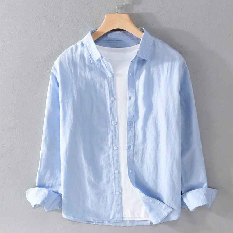 Cross-Border Simple Solid Color Men's Shirt Long-Sleeved Lapel Linen Top Light Retro Cotton and Linen Shirt Drop Shipping