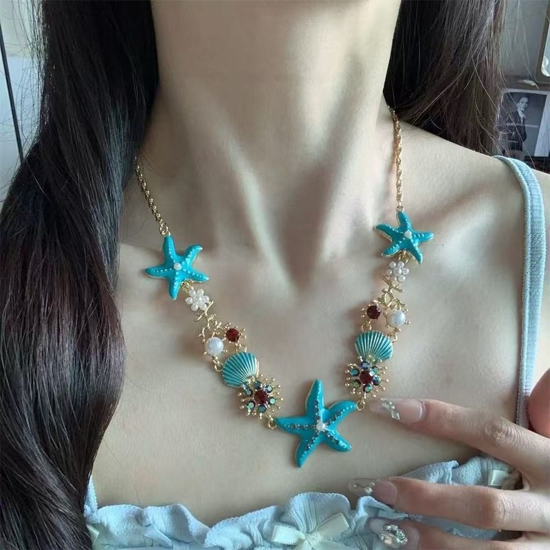 海边度假风蓝色海星贝壳项链女甜酷小众设计感锁骨链旅行拍照配饰|undefined