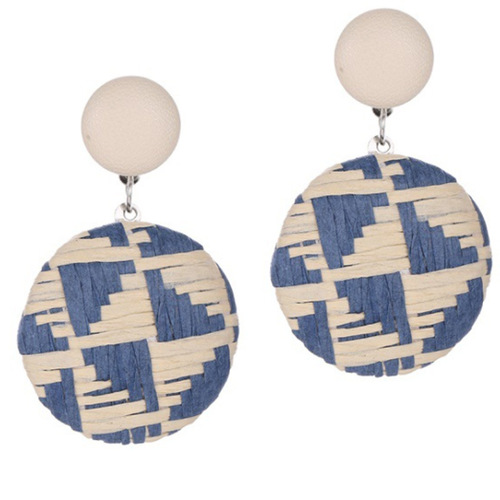 New European and American Cross-Border Earrings Bohemian Style Retro Button Drop Earrings Ethnic Style Woven Grass Paper Round Earrings