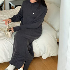 高领毛衣裙子女秋冬新款宽松大码加厚长款过膝内搭纯色针织连衣裙