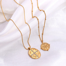 欧美精致INS风十字架镶钻凹凸立体小米珠圆牌吊坠项链饰品女