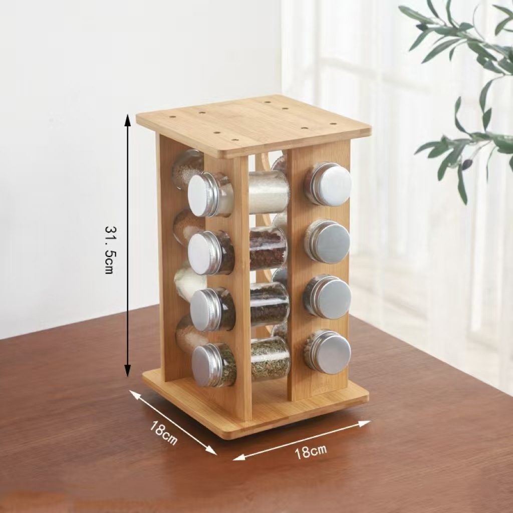 Estante de escritorio de madera de stock Estante de condimento multicapa de cocina Estante de almacenamiento de especias giratorio de bambú de doble capa