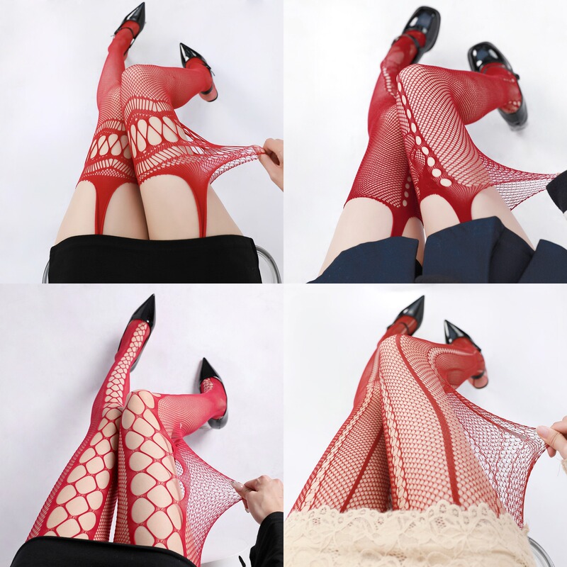 Homemade Sexy Red Fishnet Stockings Sexy Jacquard Lace Pantyhose Suspender Stockings Female Y2K Cut Out Elastic Sexy Stockings