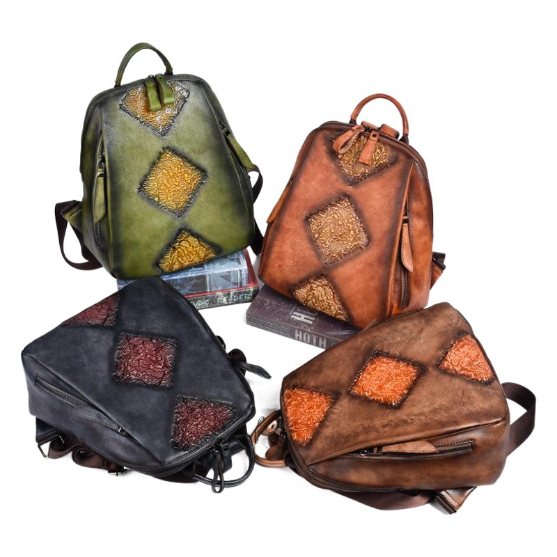 Mochila de mujer de cuero genuino curtido vegetal, multifuncional, de gran capacidad, con múltiples bolsillos, repujada, con tratamiento de color vintage, para exportación transfronteriza.