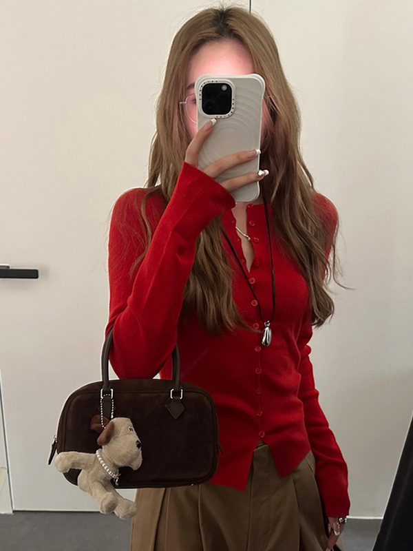 韩系红色针织开衫女早秋穿搭设计感修身显瘦收腰长袖打底内搭上衣|undefined