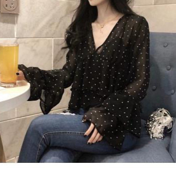 雪纺上衣女装防晒漂亮小衫短款波点显瘦衬衫喇叭长袖罩衫衬衣其他|undefined