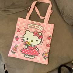 ピンクチェック柄ハローキティショルダーバッグキャンバスバッグ大容量インキティトートバッグ漫画本物のホットスタイル