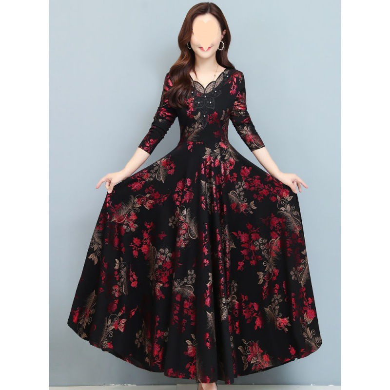 가을과 겨울 새로운 긴팔 중년 어머니는 두껍게 된 하이 엔드 허리 슬림 핏 원피스 기모