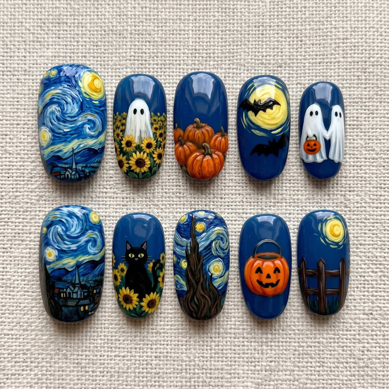 Oil Painting Style Halloween Press-On Nails: Van Gogh's Starry Night, Black Cat, Pumpkin, Ghost, Sunflower - Removable Nail Art Pieces Oil Painting Style Halloween Press-On Nails: Van Gogh's Starry Night, Black Cat, Pumpkin, Ghost, Sunflower - Removable Nail Art Pieces