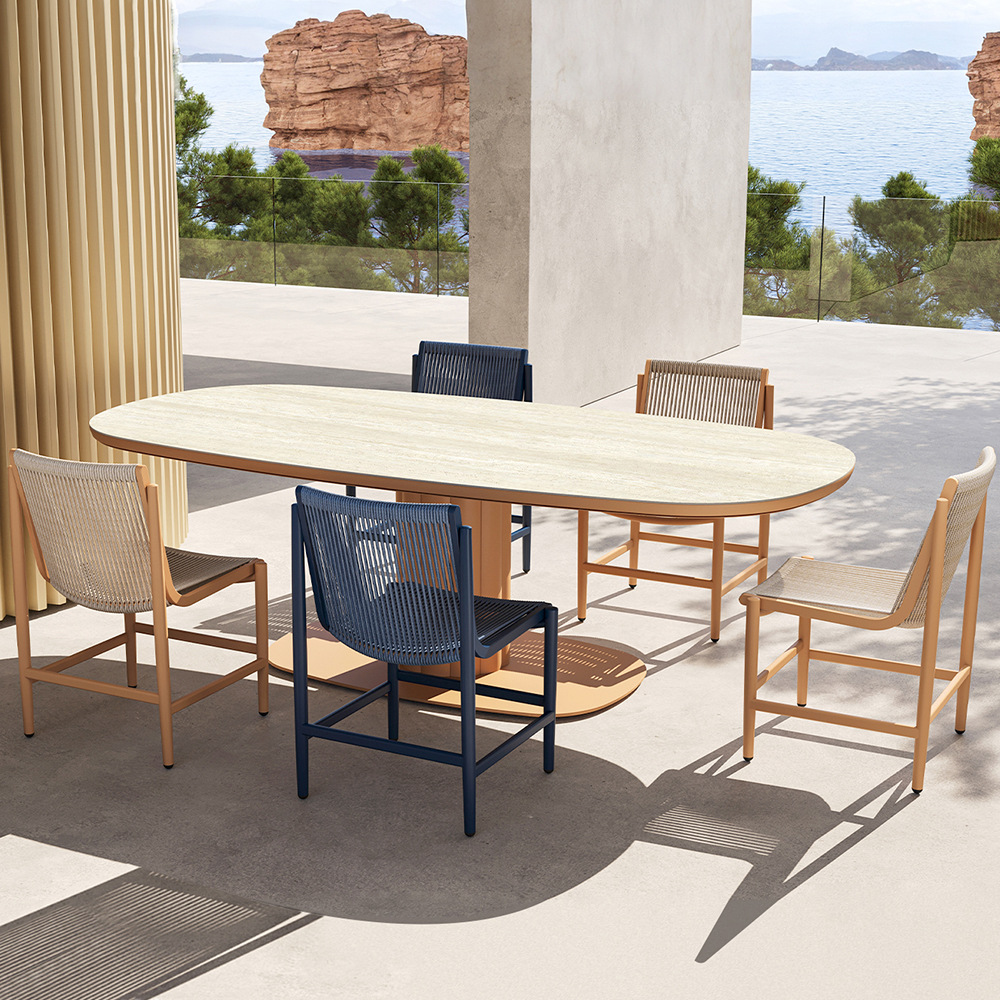 Ocio al aire libre mesa y silla de caña combinación patio villa balcón jardín impermeable solar restaurante al aire libre muebles de teca