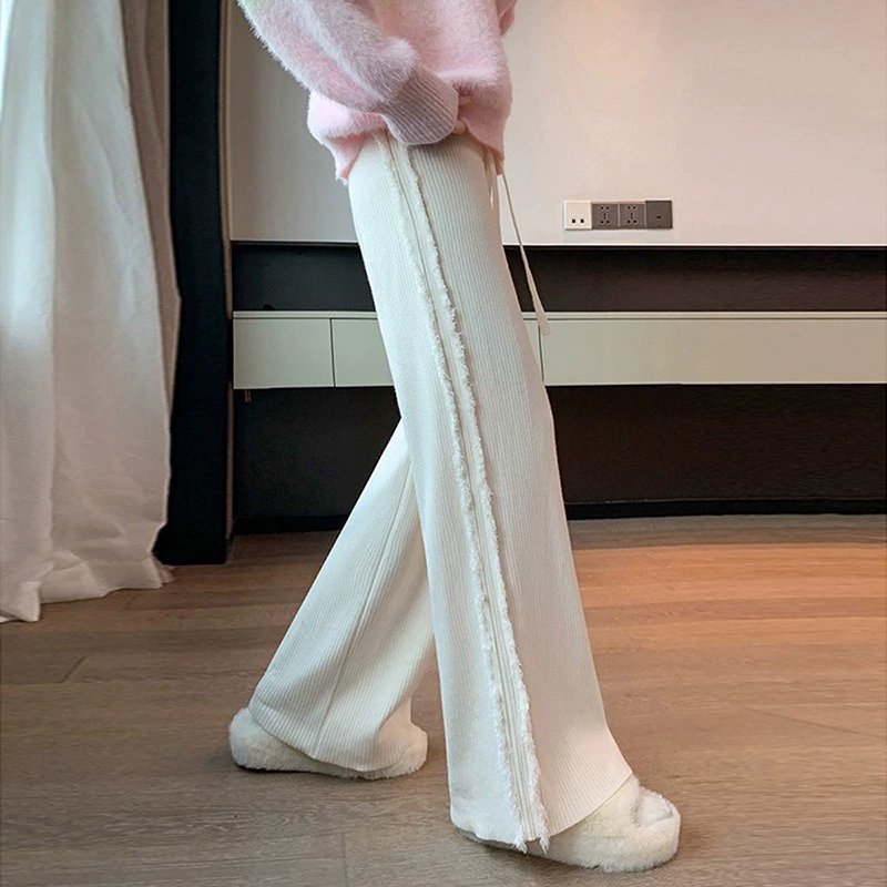 Женские трикотажные брюки-палаццо с высокой талией, свободного кроя, прямые, драпированные, в пол, с бахромой по бокам, осень-зима 2024