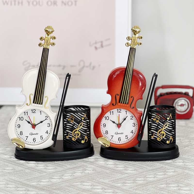 with pen holder violin alarm clock factory wholesale direct sales creative musical instrument modeling table clock living room decoration table