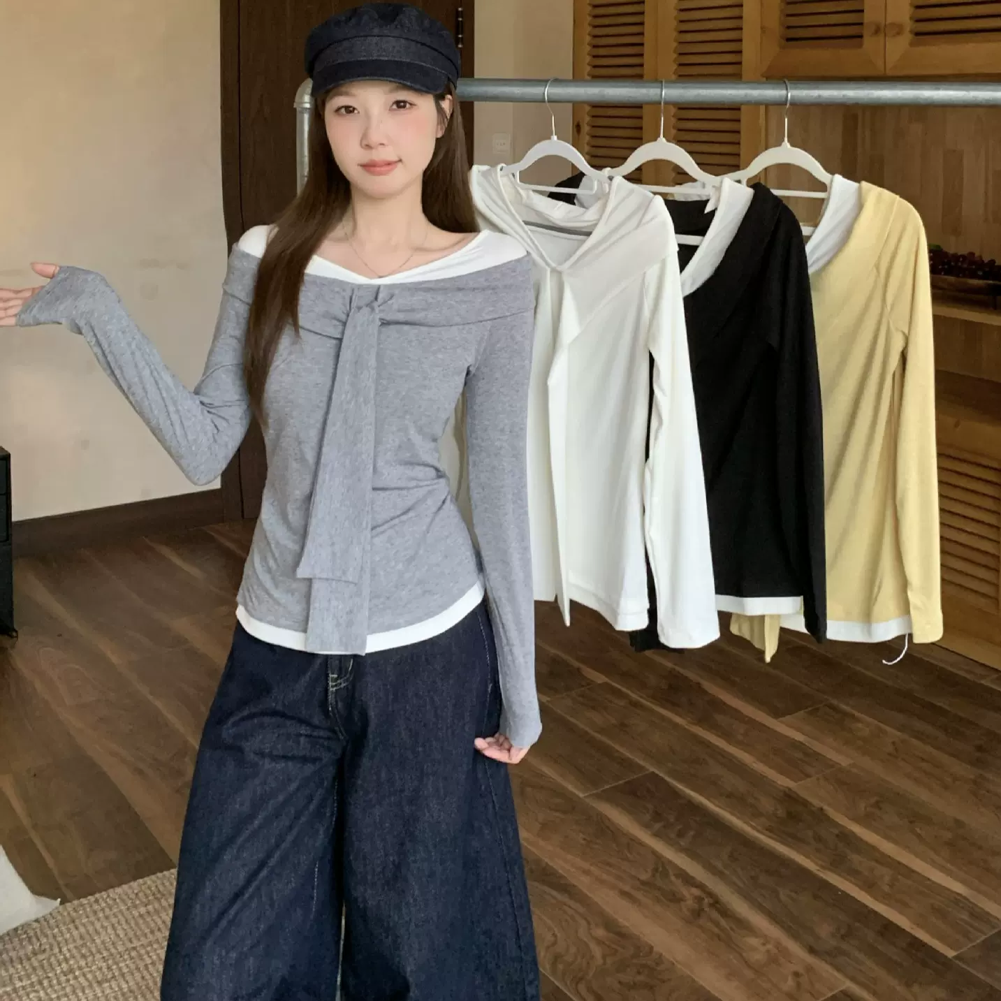 2025年秋装新款胖mm大码女纯欲撞色一字肩高级感显瘦T恤