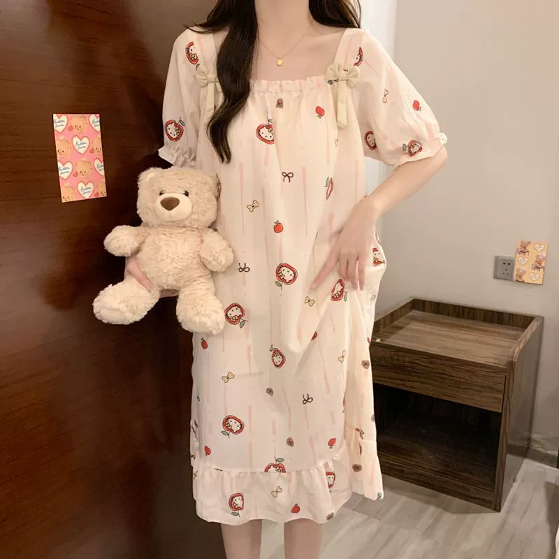 Summer pijama with bow, cute top with cups, long skirt, with short sleeve, loose fit, mid-length