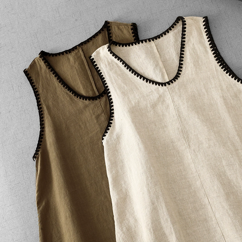 2025 новый летний стиль ретро однотонное литературное свободное повседневное облегающее платье средней длины без рукавов с круглым вырезом для женщин