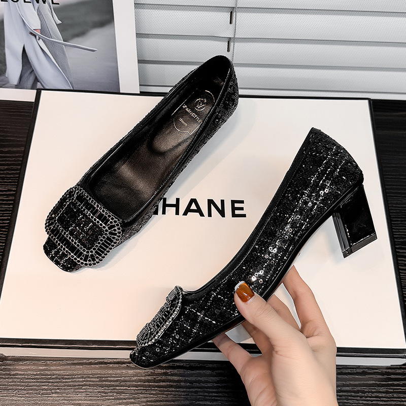 2026 Spring and Autumn New Rv Square Buckle Shallow Mouth Genuine Leather Women's Shoes with Chunky Heels, Square Toe, Black Slip-On High Heels