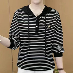 新款时尚春季休闲百搭洋气条纹连帽长袖上衣春秋宽松卫衣打底