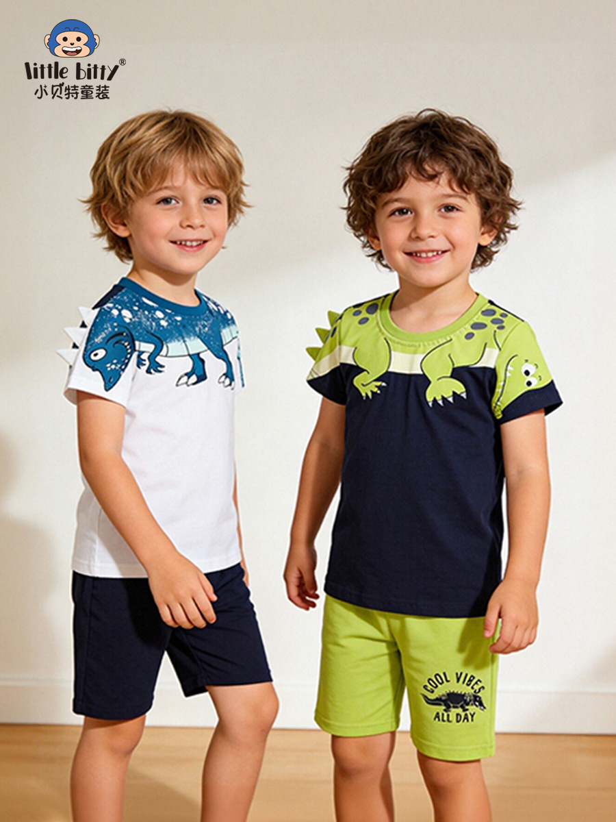 Cross-Border 26-Year Spring/Summer New Children's Short-Sleeve Set with Cartoon Animal Print, Round Neck, Two-Piece Set for Boys, in Stock